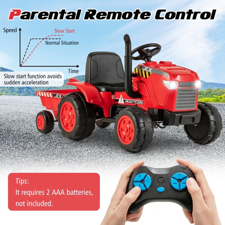 Red 12V kids ride-on tractor with parental remote control, detachable trailer, and multifunctional features for safe.